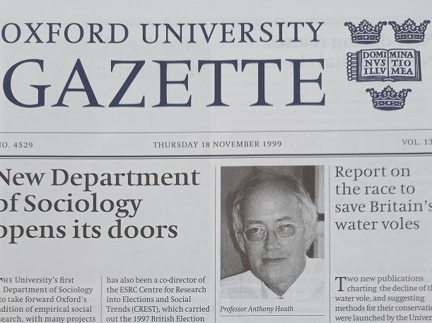 Image of Oxford University Gazette with headline "New Department of Sociology opens its doors"