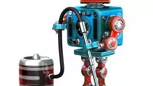 Red and blue robot with a vacuum cleaner