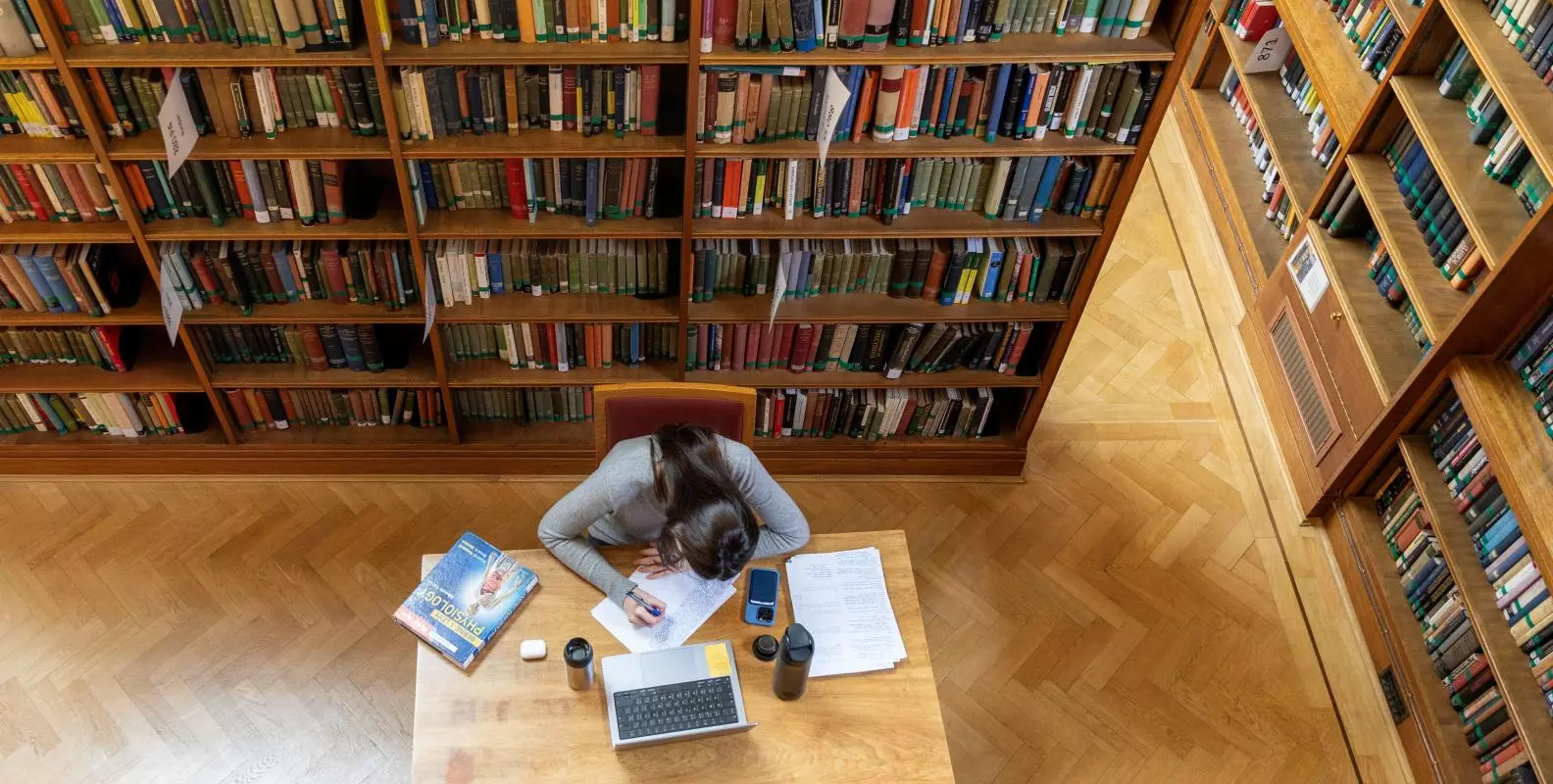 Aerial image of a student working in a library 