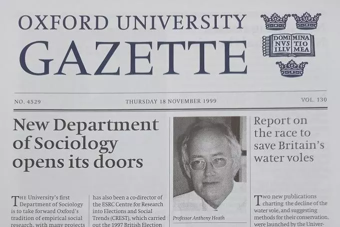 Image of Oxford University Gazette with headline "New Department of Sociology opens its doors"